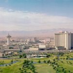 View from Regency Towers, 1979. Looking west- Convention Center, Landmark Hotel, Hilton, and Las Vegas Country Club in the foreground.