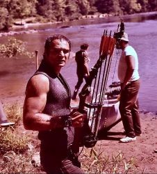 Burt Reynolds between scenes on the set of Deliverance, 1971
